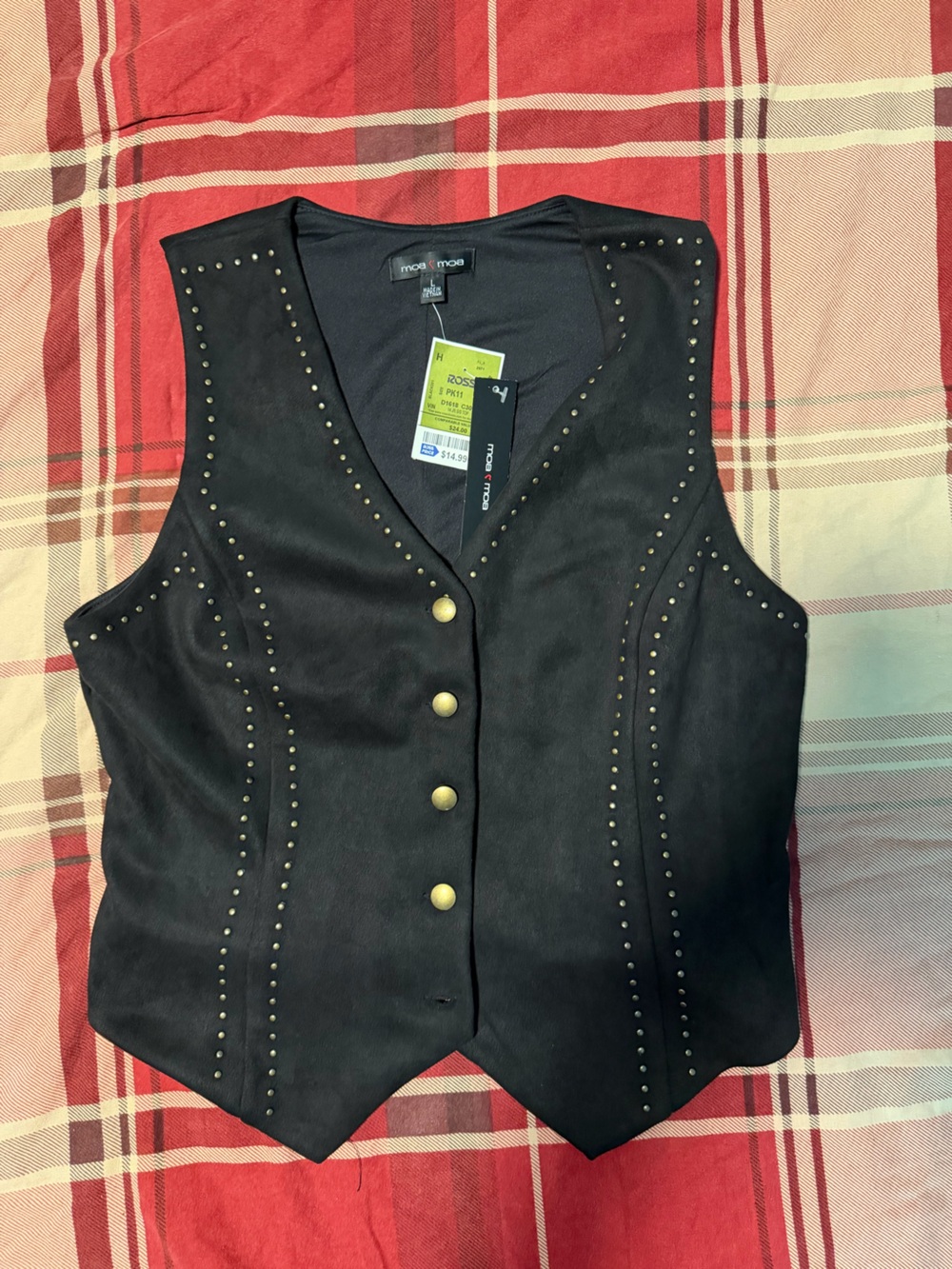 Black Faux-Suede Studded Vest with Brass Buttons